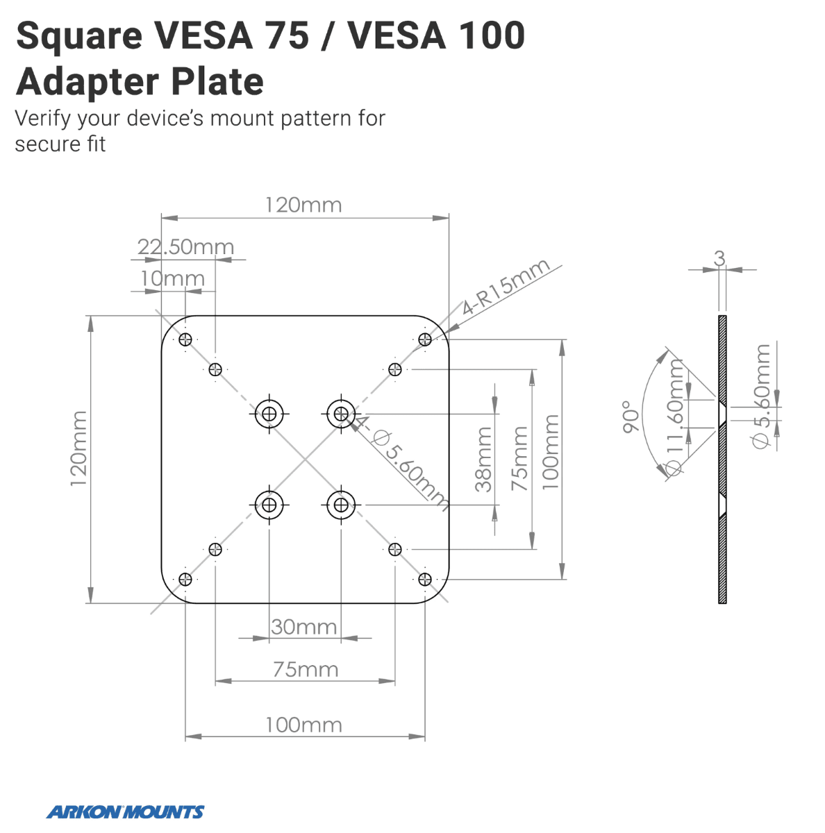 Arkon VESA 75 / VESA 100 to 57mm (2.25 inch) Ball Mount Adapter Plate