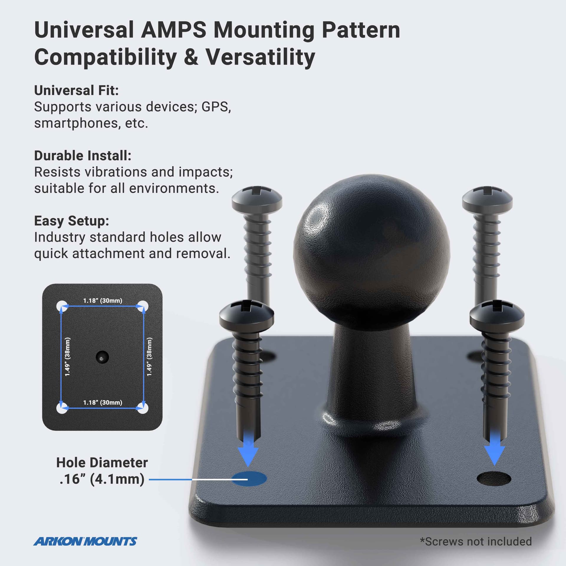Arkon Adapter Plate Converts 4-Hole AMPS to 22mm Rubber Ball Ram Mount Pattern