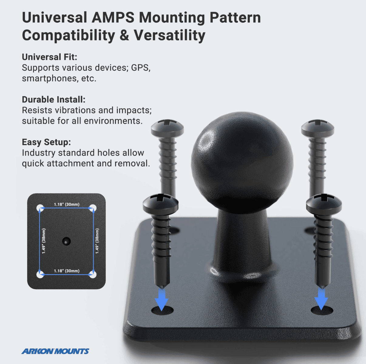 Arkon Adapter Plate Converts 4-Hole AMPS to 22mm Rubber Ball Ram Mount Pattern