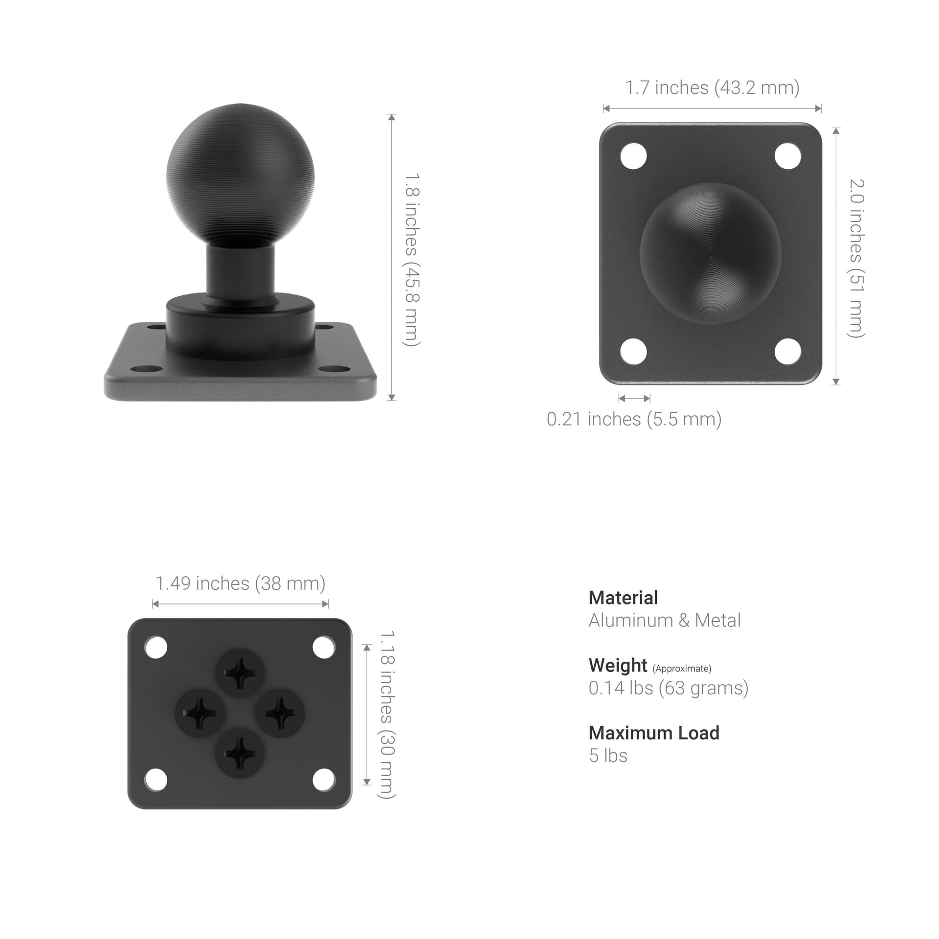 Arkon XMS 1" / 25mm Ball Mount with AMPS Adapter Plate - Image 4