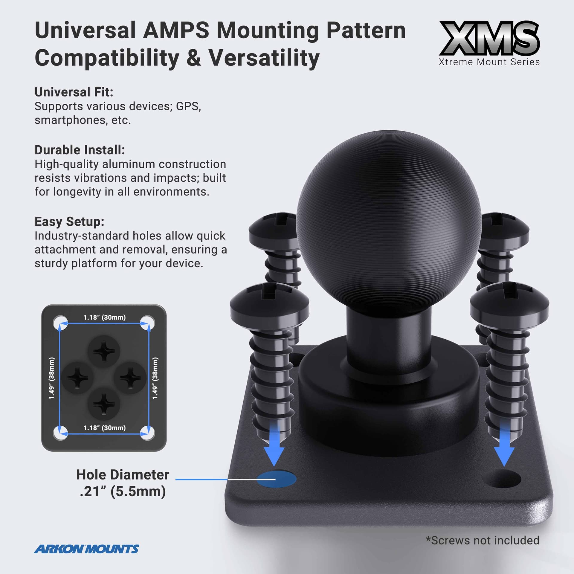 Arkon XMS 1" / 25mm Ball Mount with AMPS Adapter Plate - Image 3