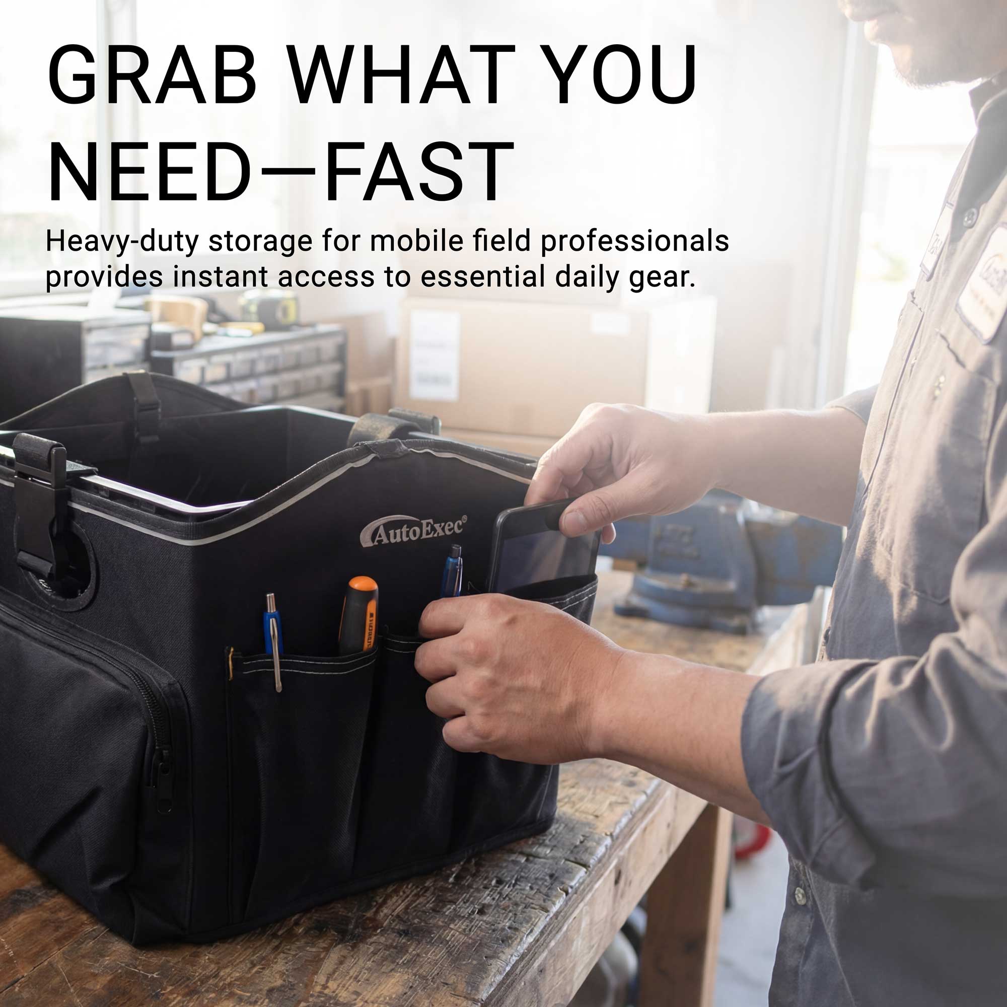 Arkon Portable Crate Workstation with Apron Organizer – Choose Your Mounting Setup - Phone Mount + Base