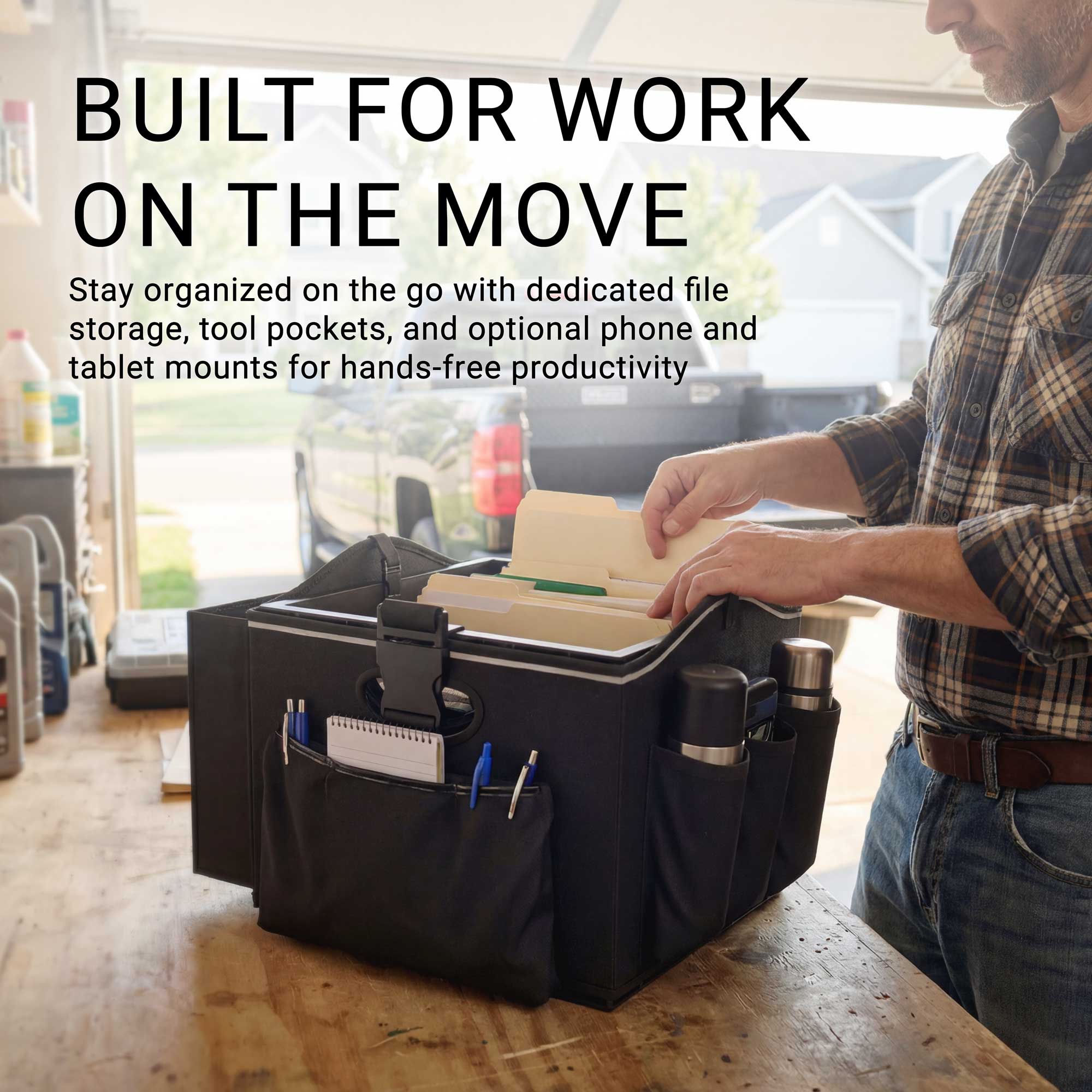 Arkon Portable Crate Workstation with Apron Organizer – Choose Your Mounting Setup - Tablet Mount + Base