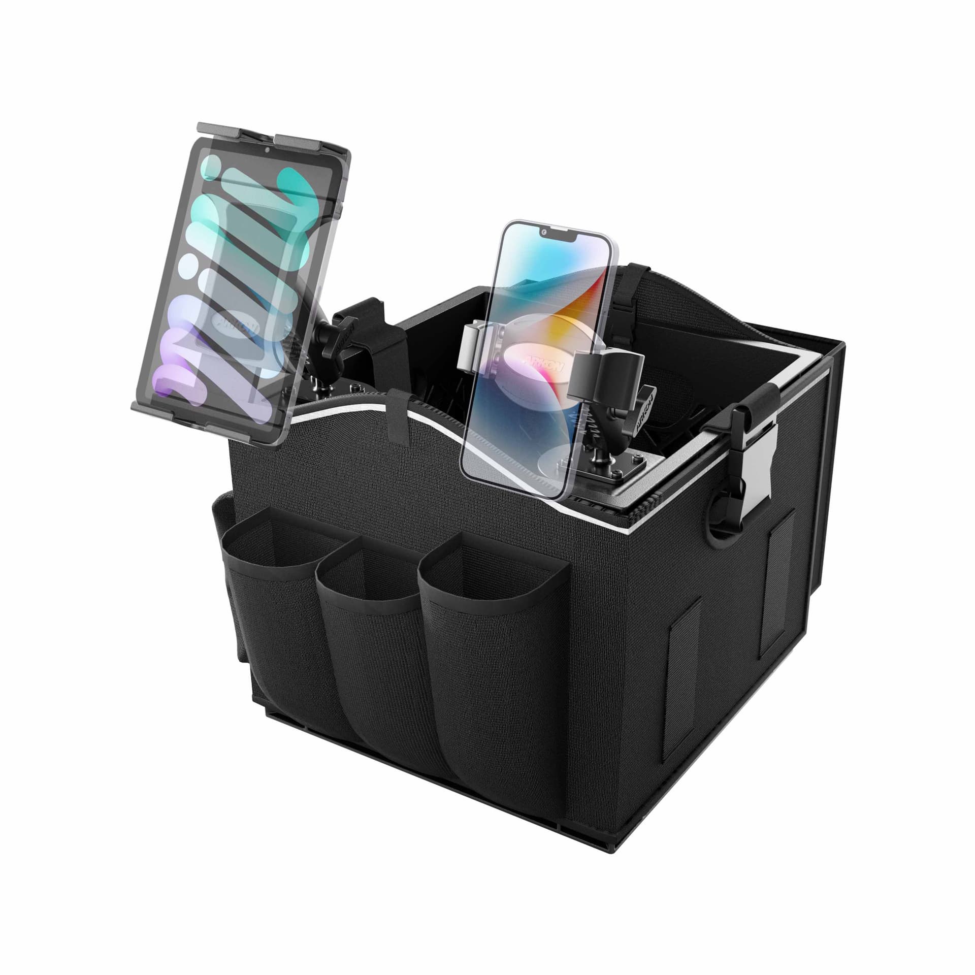 Arkon Portable Crate Workstation with Apron Organizer – Choose Your Mounting Setup - Phone + Tablet Mount + Base