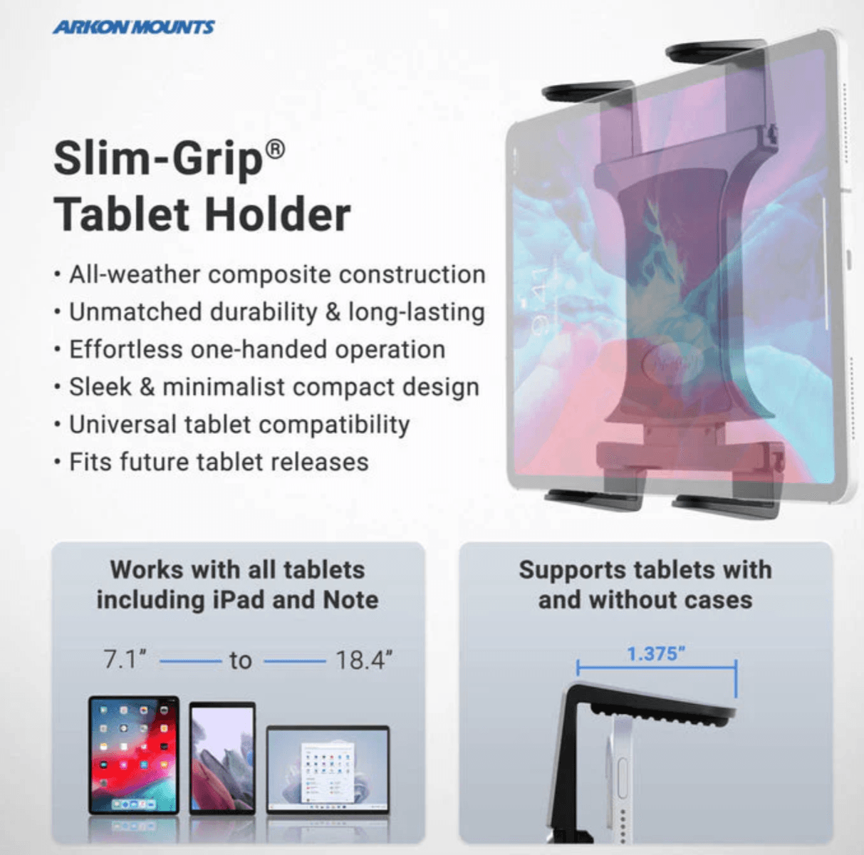 Arkon Slim-Grip® Tablet Clamp Mount for Stationary Bicycle, Treadmill, Elliptical, Spin Bike