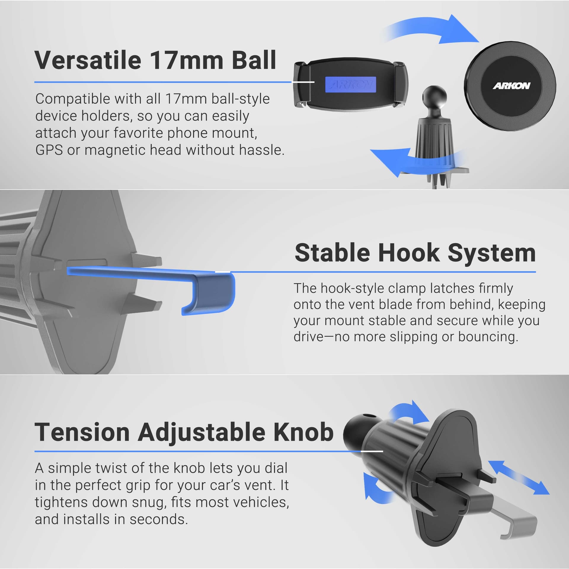 Arkon Adjustable Car Vent Mount with 17mm Ball - Image 2