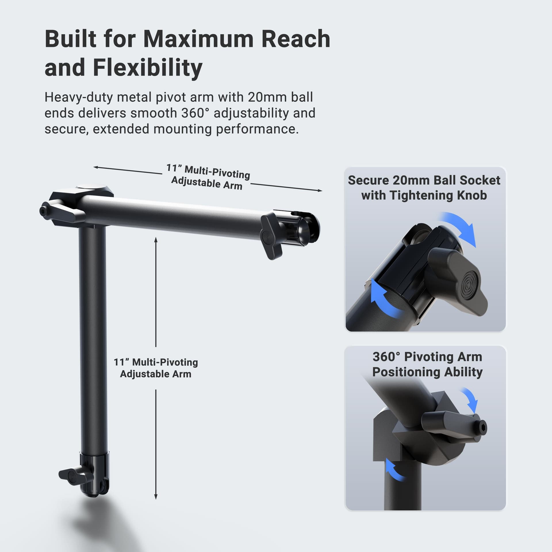 Arkon Dual 20mm Ball Socket Adjustable Pivot Arm - Image 2