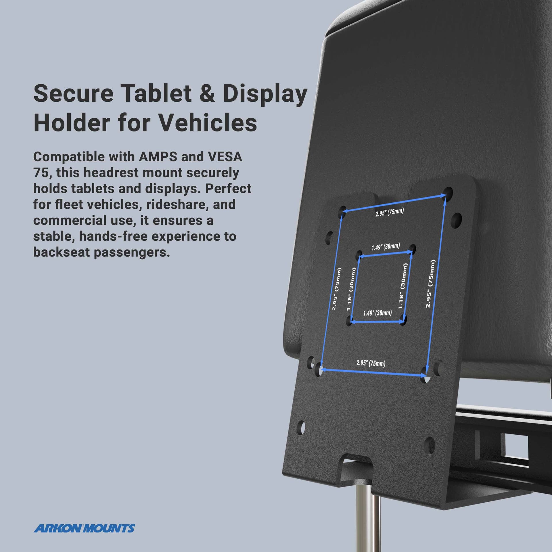 Arkon Taxi Headrest Tablet Mobile Printer Payment Terminal Mount - 4-Hole AMPS Compatible