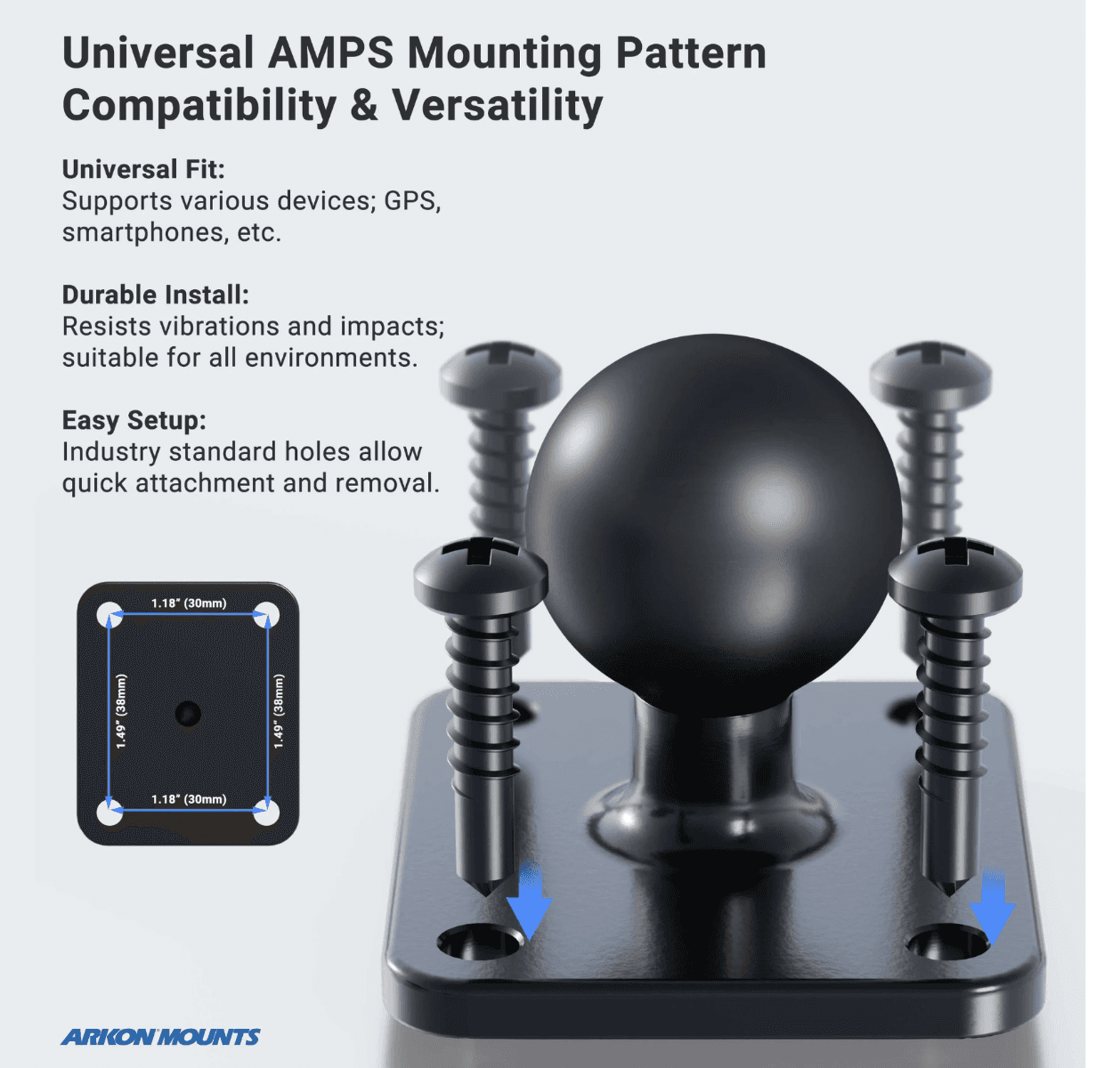 Arkon RoadVise® Ultra Metal 4-Hole AMPS Drill-Base Phone or Tablet Mount