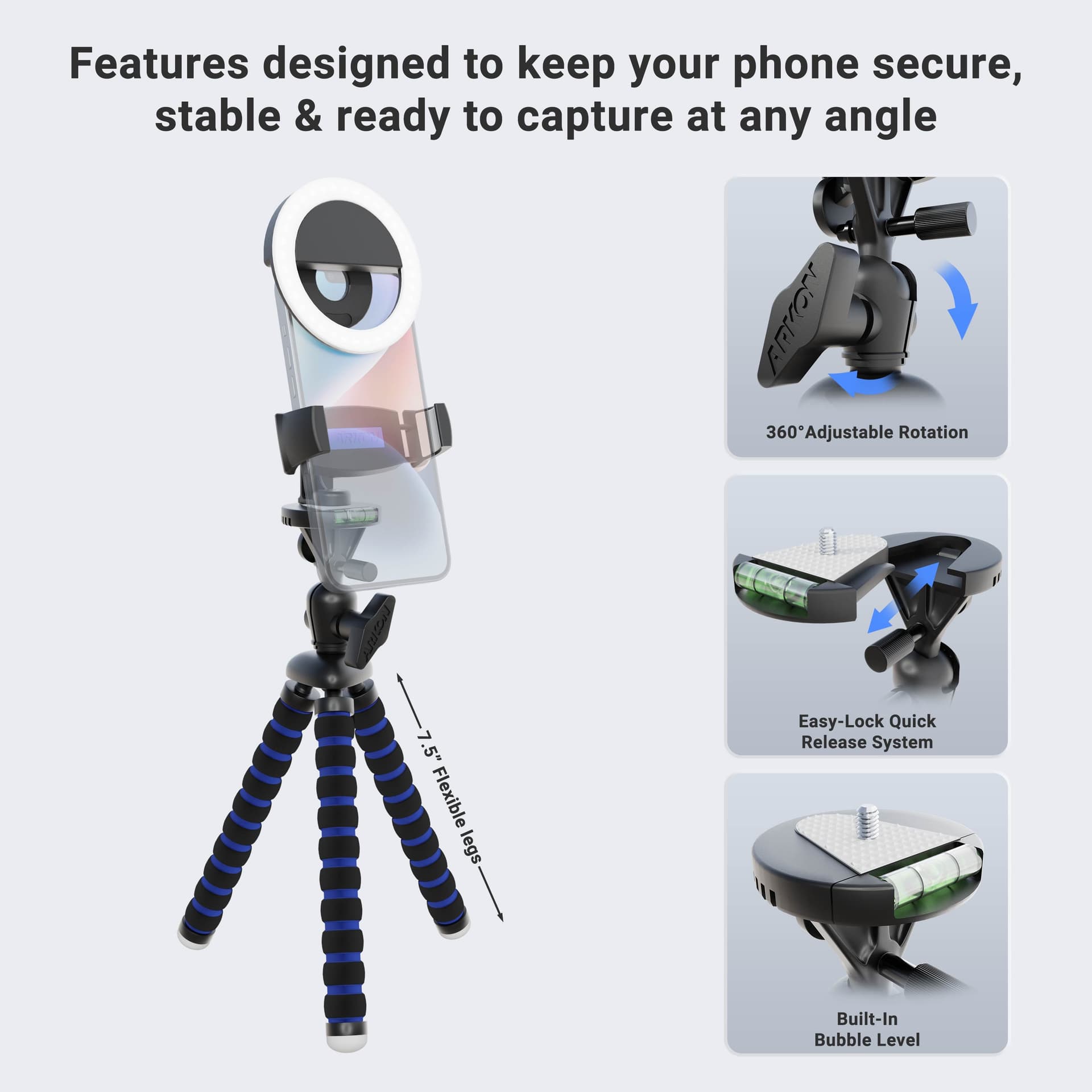 Arkon Phone Tripod Mount and LED Ring Light Bundle