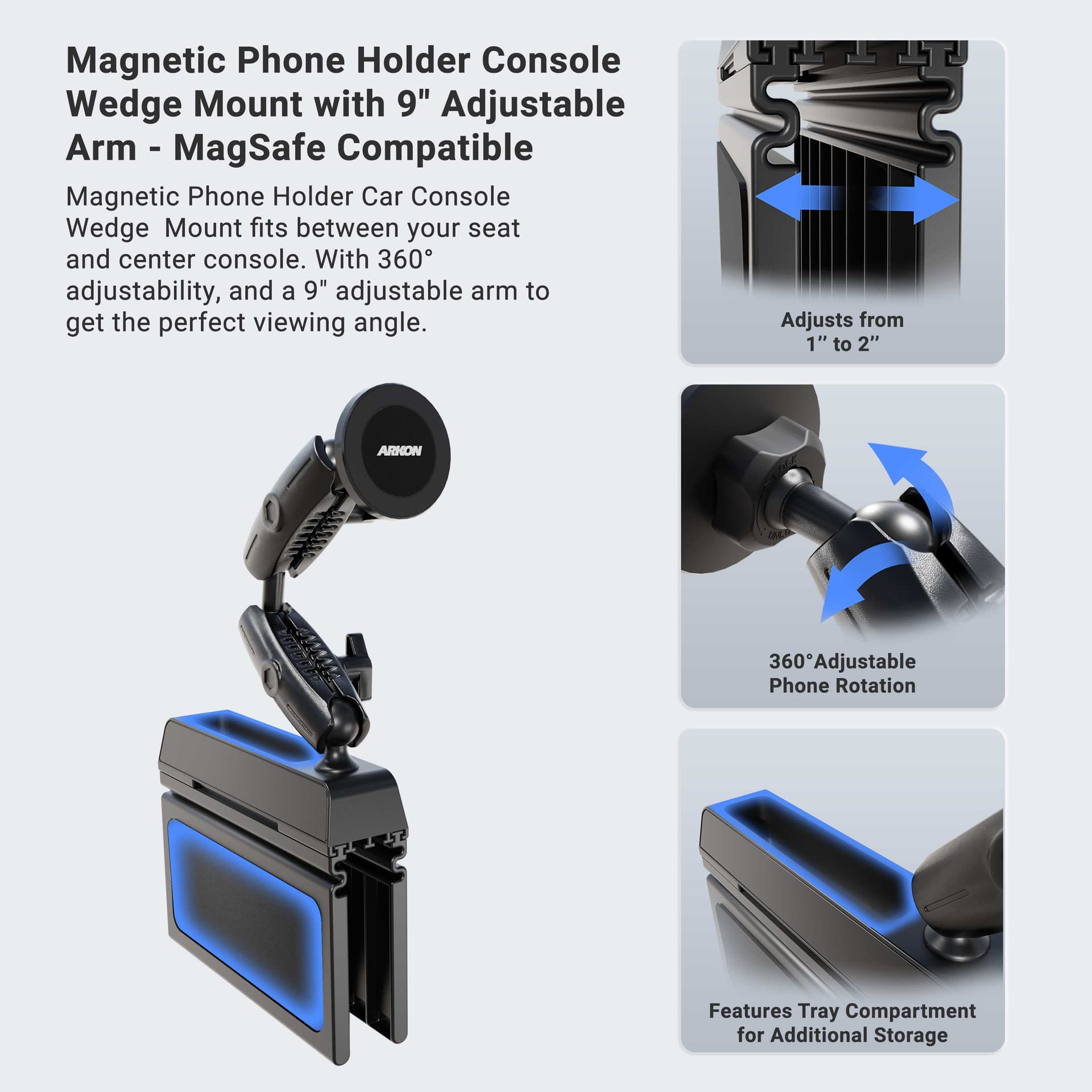 Arkon Magnetic Holder with Seat Wedge Mount and Dual Shaft Arm - MagSafe Compatible - Image 3