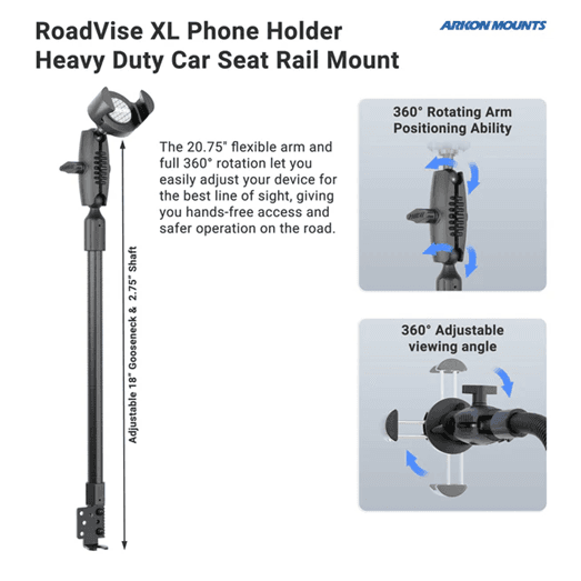 Arkon RoadVise XL Phone Holder with Heavy Duty Car Seat Rail Mount and 3.75” Shaft Arm