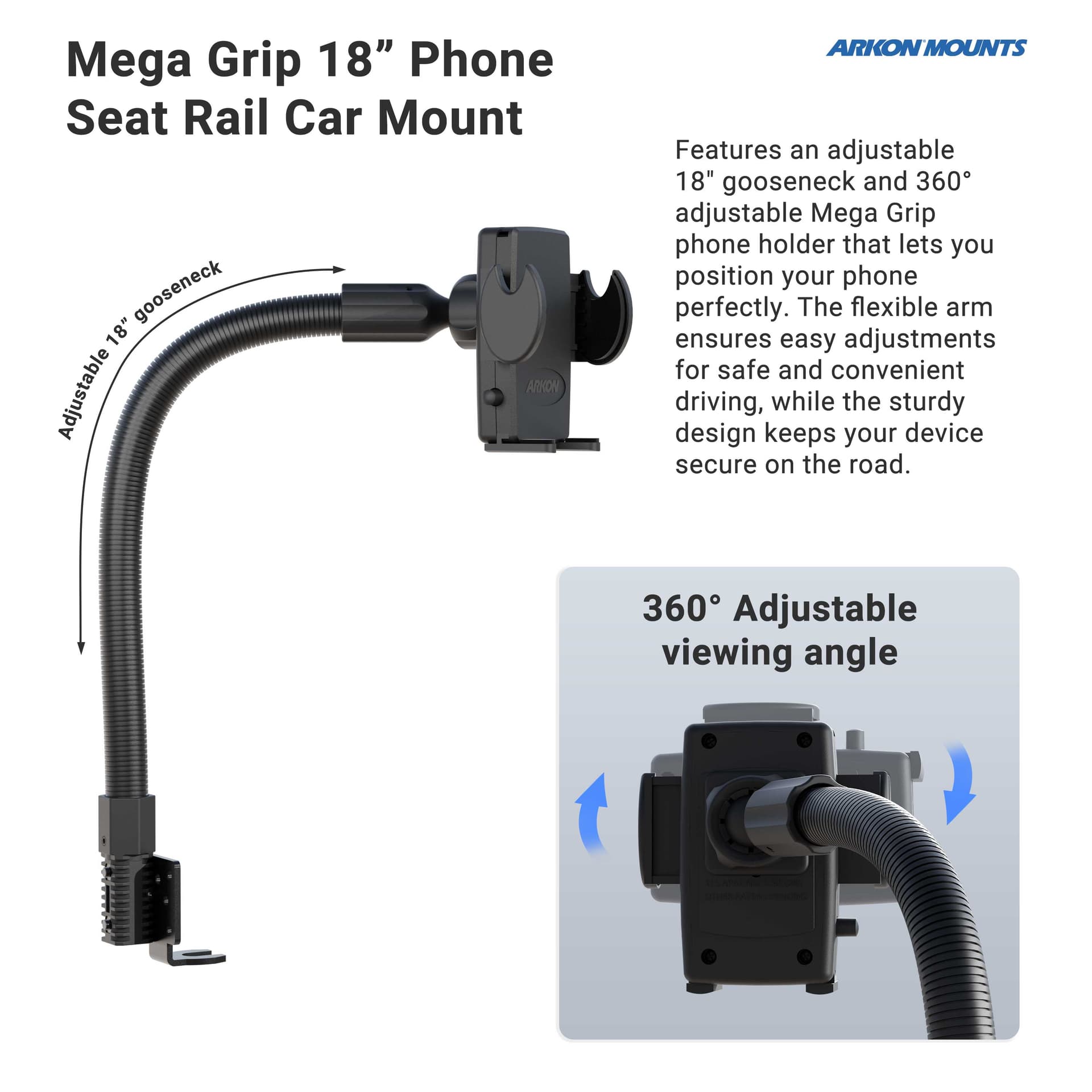 Arkon Seat Rail Mount with Mega Grip™ Phone Holder for Cars & Trucks - Rugged Environment / 22-inch