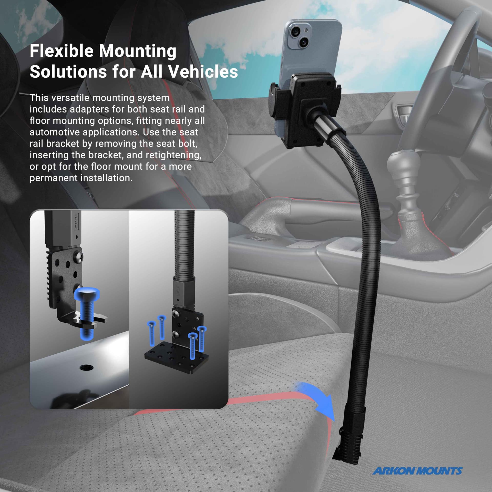 Arkon Seat Rail Mount with Mega Grip™ Phone Holder for Cars & Trucks - Rugged Environment / 22-inch
