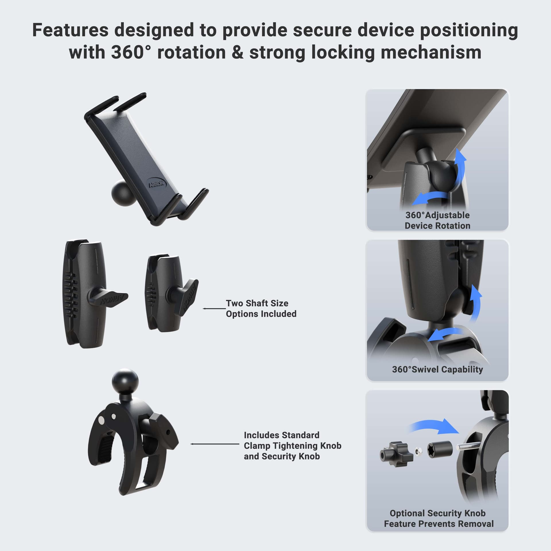 Arkon Slim-Grip® Ultra Phone or Midsize Tablet Clamp Mount with Security Knob