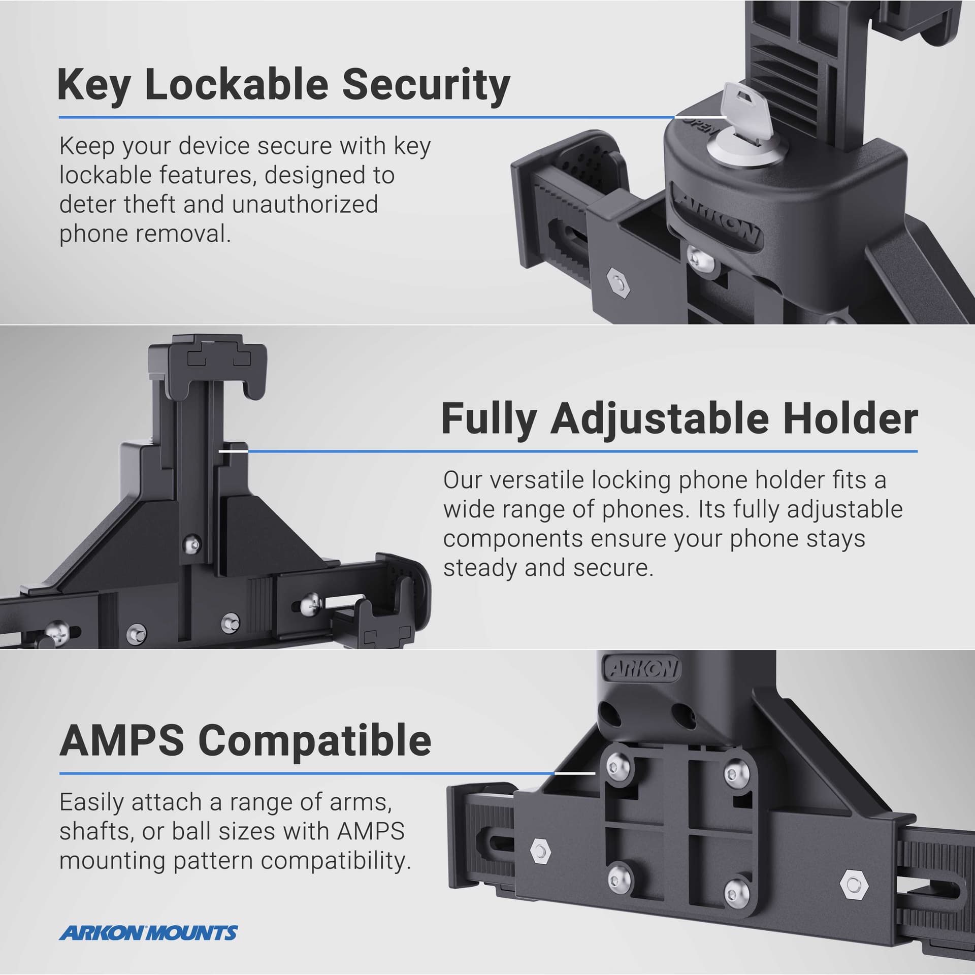 Arkon Heavy-Duty Universal Locking Phone Holder with Car/Truck Seat Rail Mount - Image 4