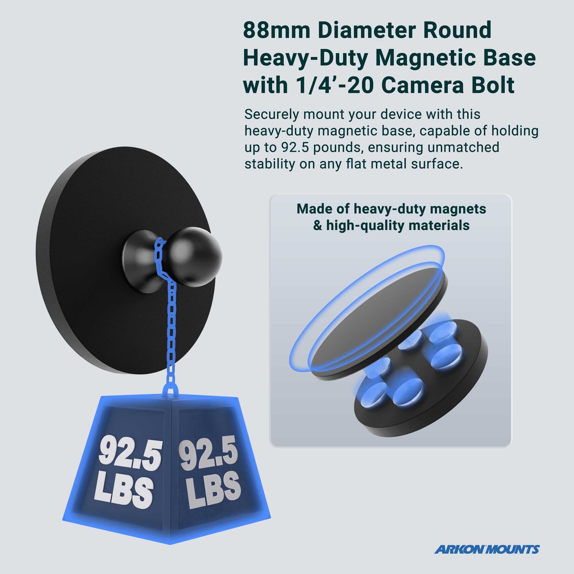 Arkon 88mm Diameter Round Heavy-Duty Magnetic Base with 1/4"- 20 Camera Bolt
