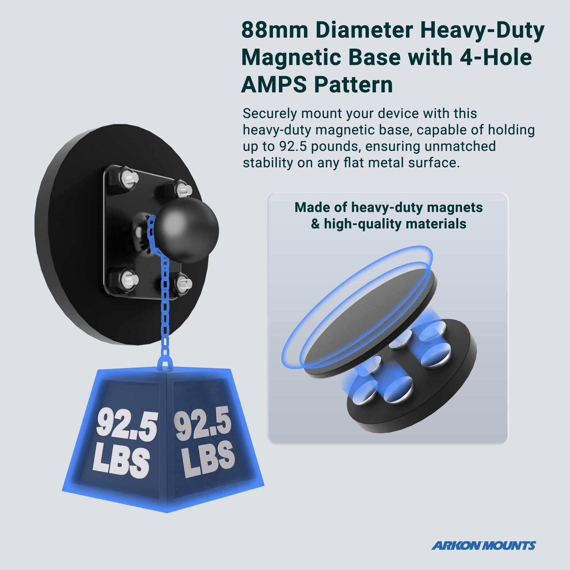 Arkon 88mm Heavy-Duty Magnetic Base with 4-Hole AMPS Pattern Screw Bolts
