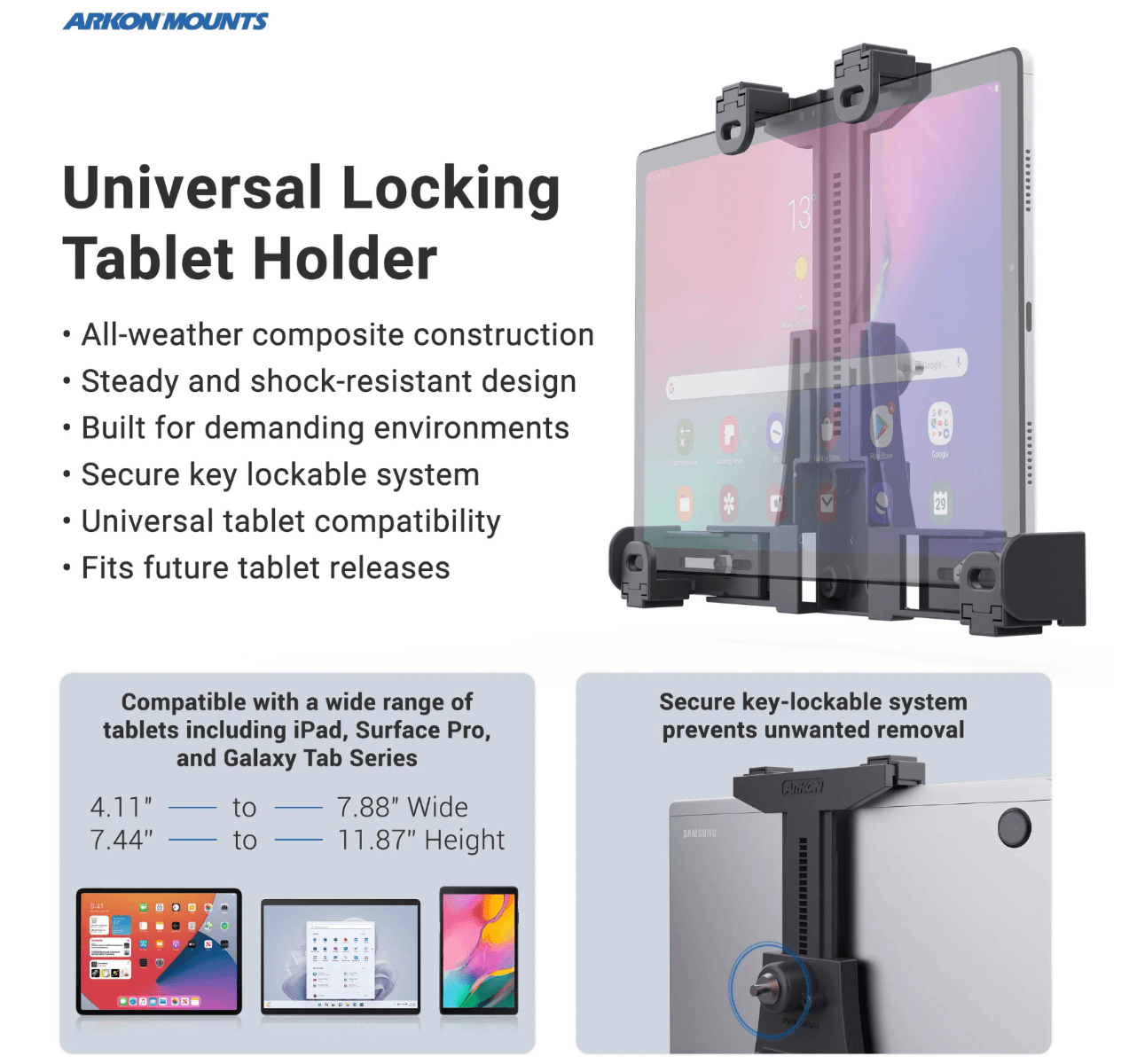 Arkon Universal Locking Adjustable Tablet Holder with Key Lock for iPad, Note, Galaxy, and more