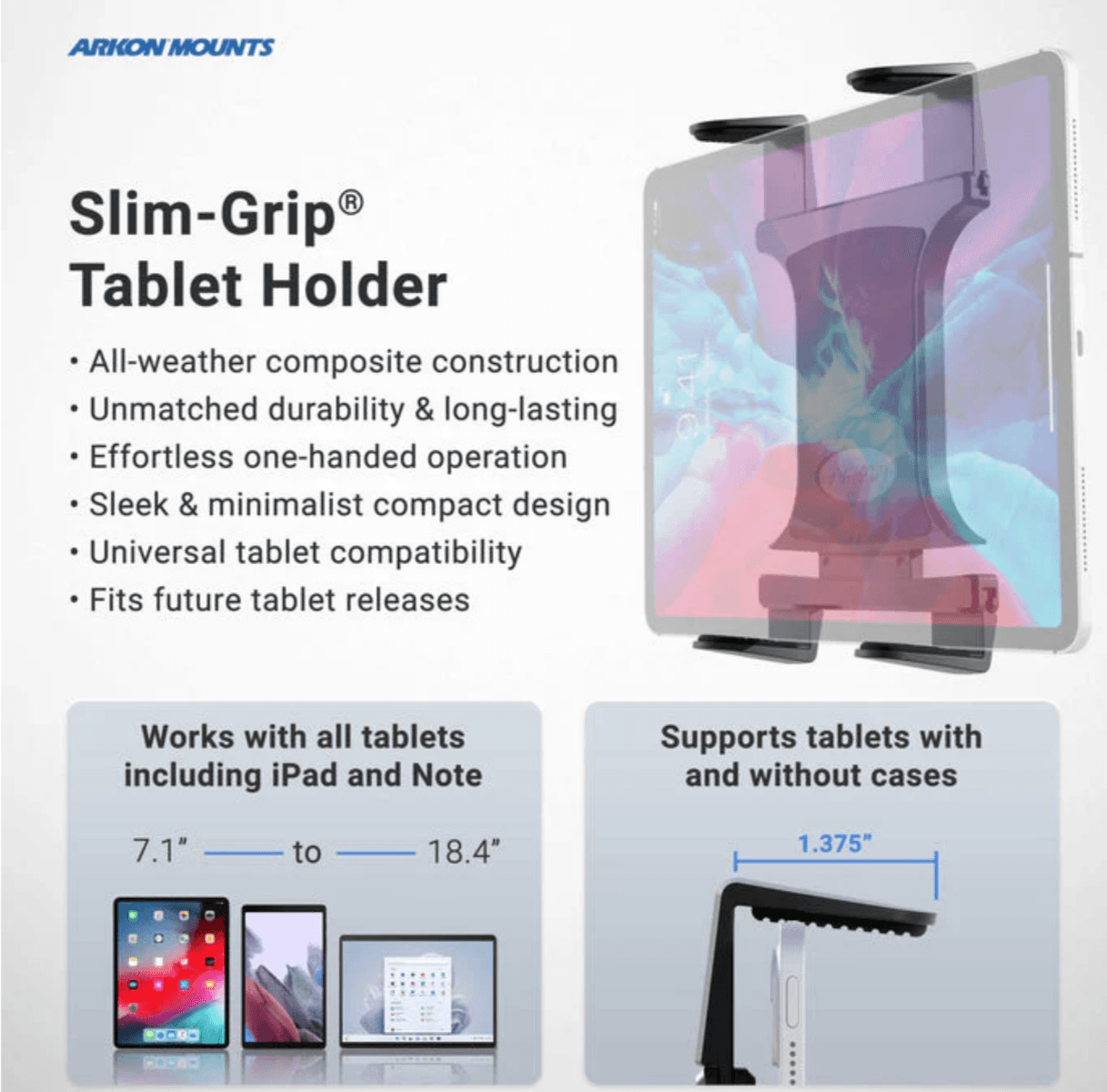 Arkon Heavy-Duty Truck Seat Rail or Floor Slim-Grip® Tablet Mount with 22 inch Arm