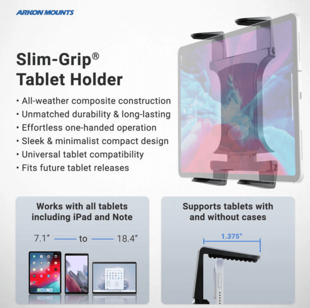 Arkon Car or Truck Seat Rail Universal Slim-Grip® Tablet Mount with 28 inch Gooseneck
