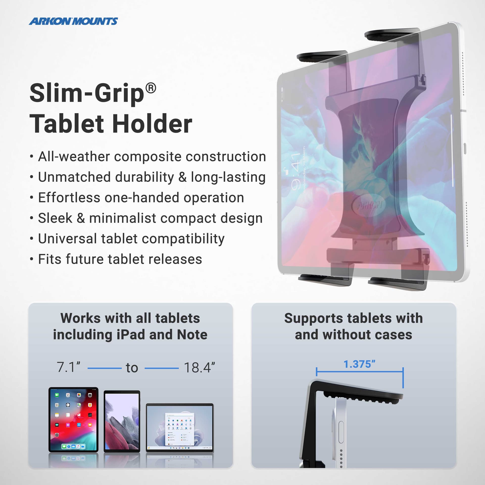 Arkon Slim-Grip® Tablet Drill-Base Mount with Ratcheting Swivel Arm - Image 4