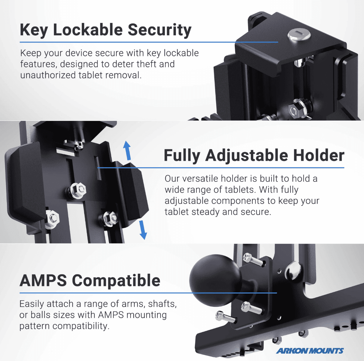 Arkon Powered Locking Tablet Mount with Magnetic Lightning Charge Cable for Commercial and Enterprise