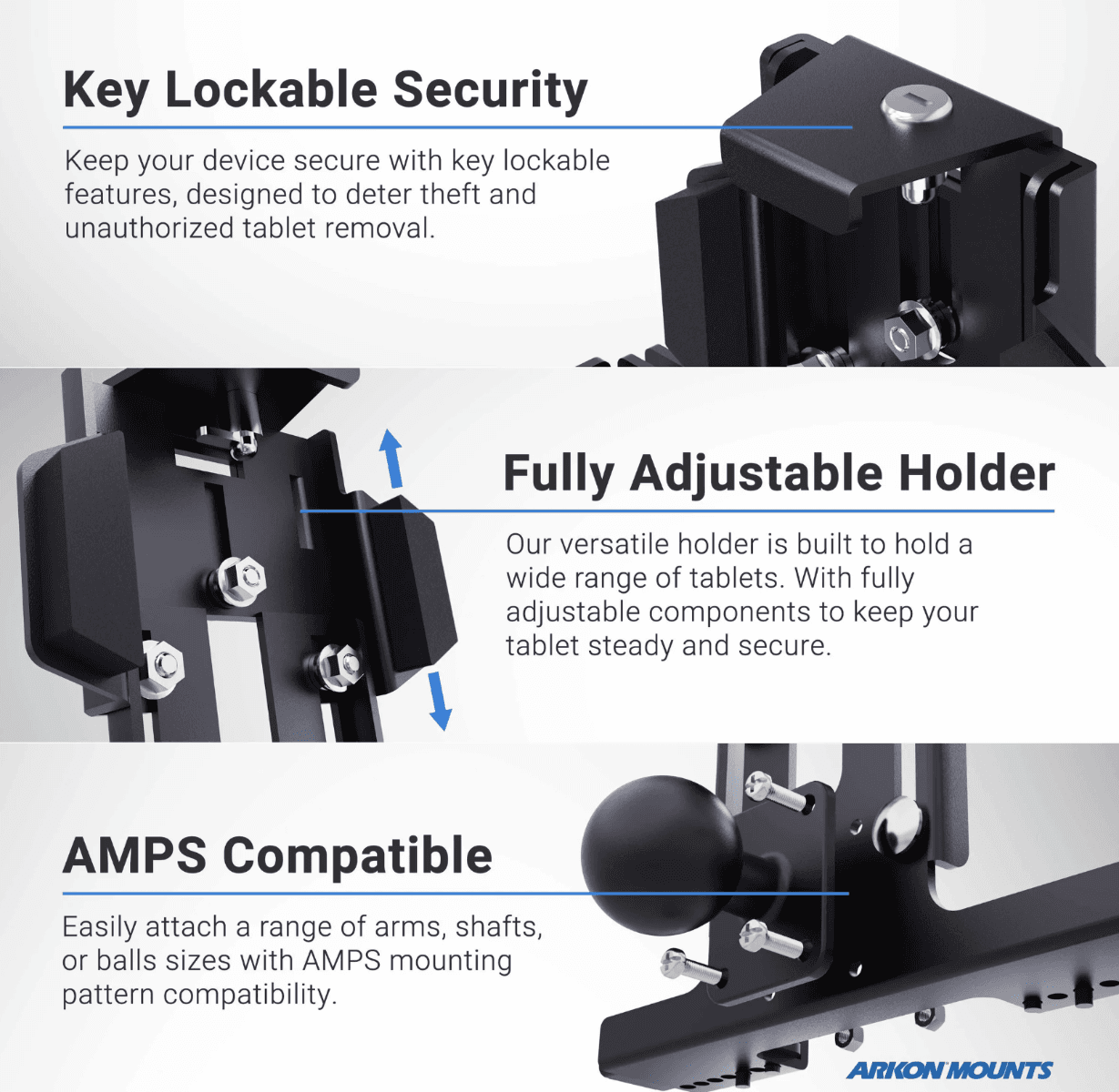Arkon Metal Seat Rail Locking Tablet Holder with adjustable arm for car or trucks, works with iPad