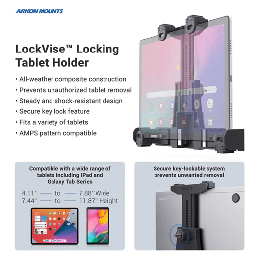Arkon RoadVise Clamp Mount with LockVise Metal Locking Tablet Holder