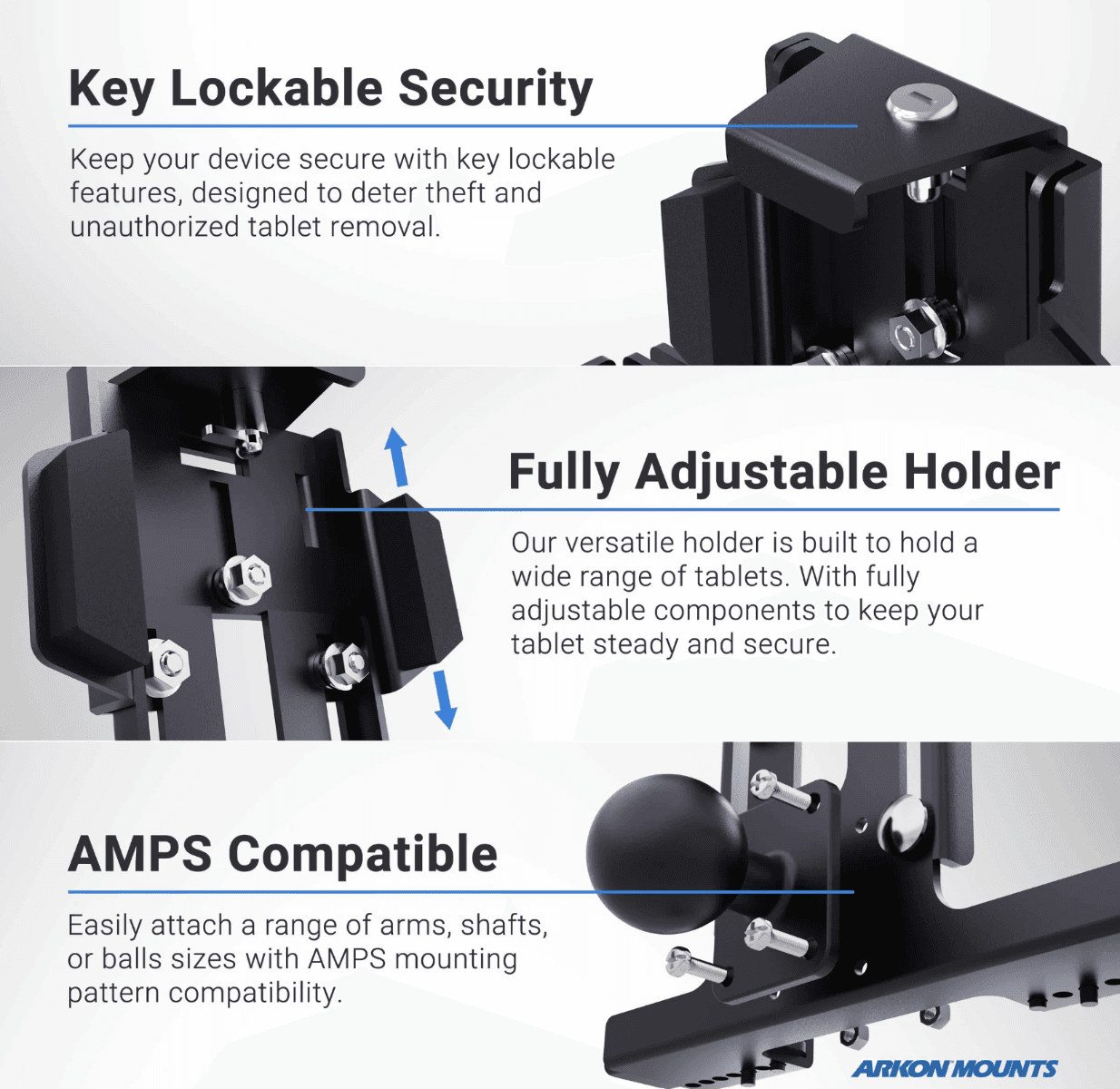 Arkon Robust Heavy-Duty Metal Locking Seat Rail or Floor Tablet Mount