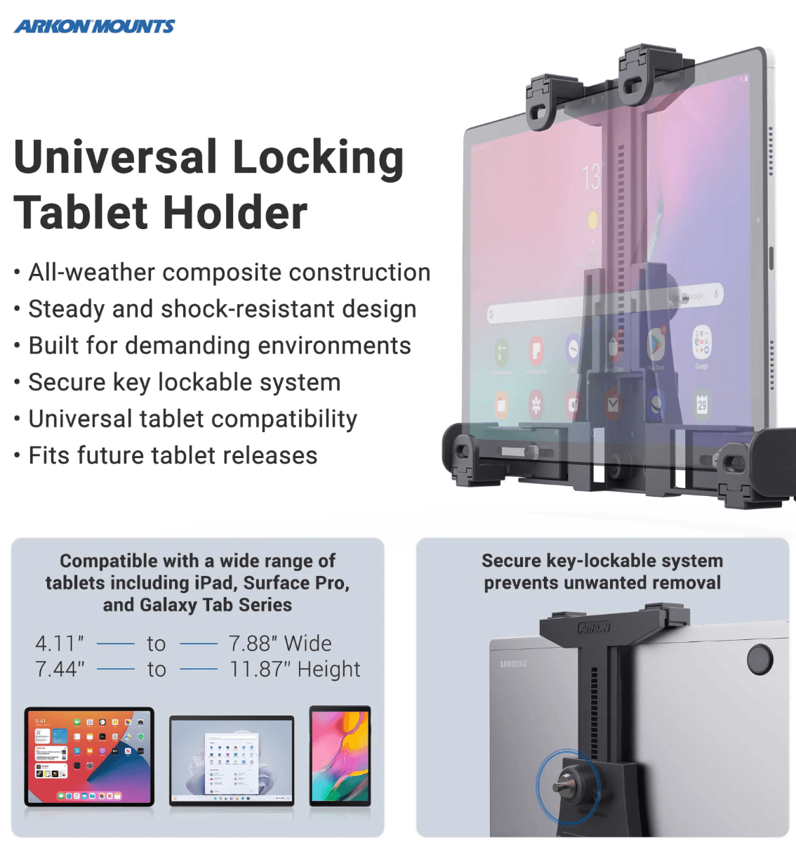 Arkon Robust Heavy-Duty Locking Tablet Seat Rail or Floor Mount