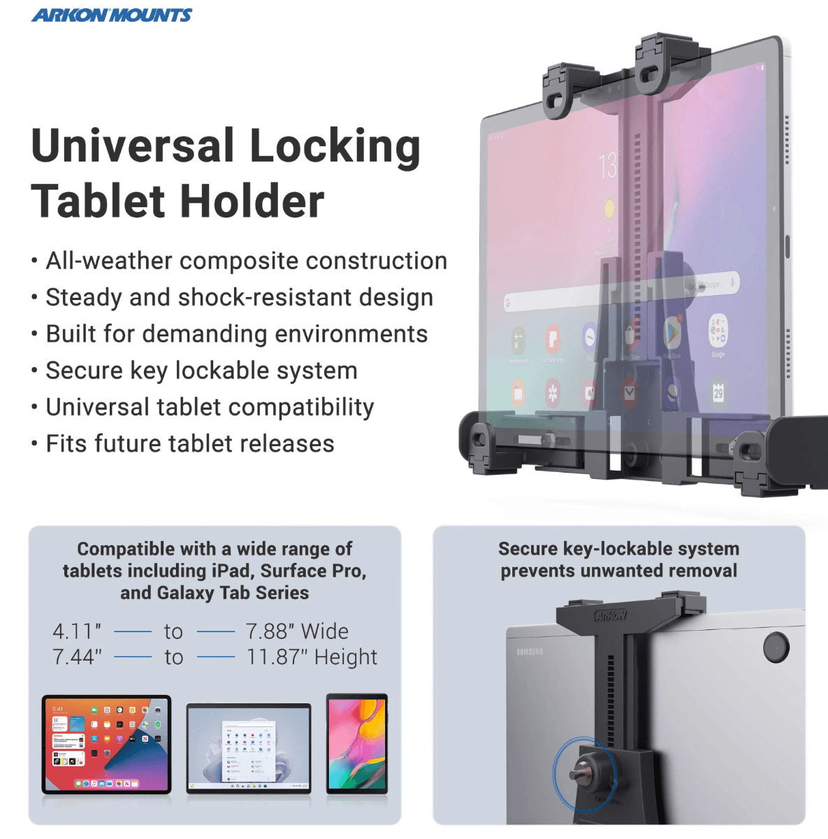 Arkon Plastic Locking Headrest Tablet Mount for iPad, Galaxy, Note, and more