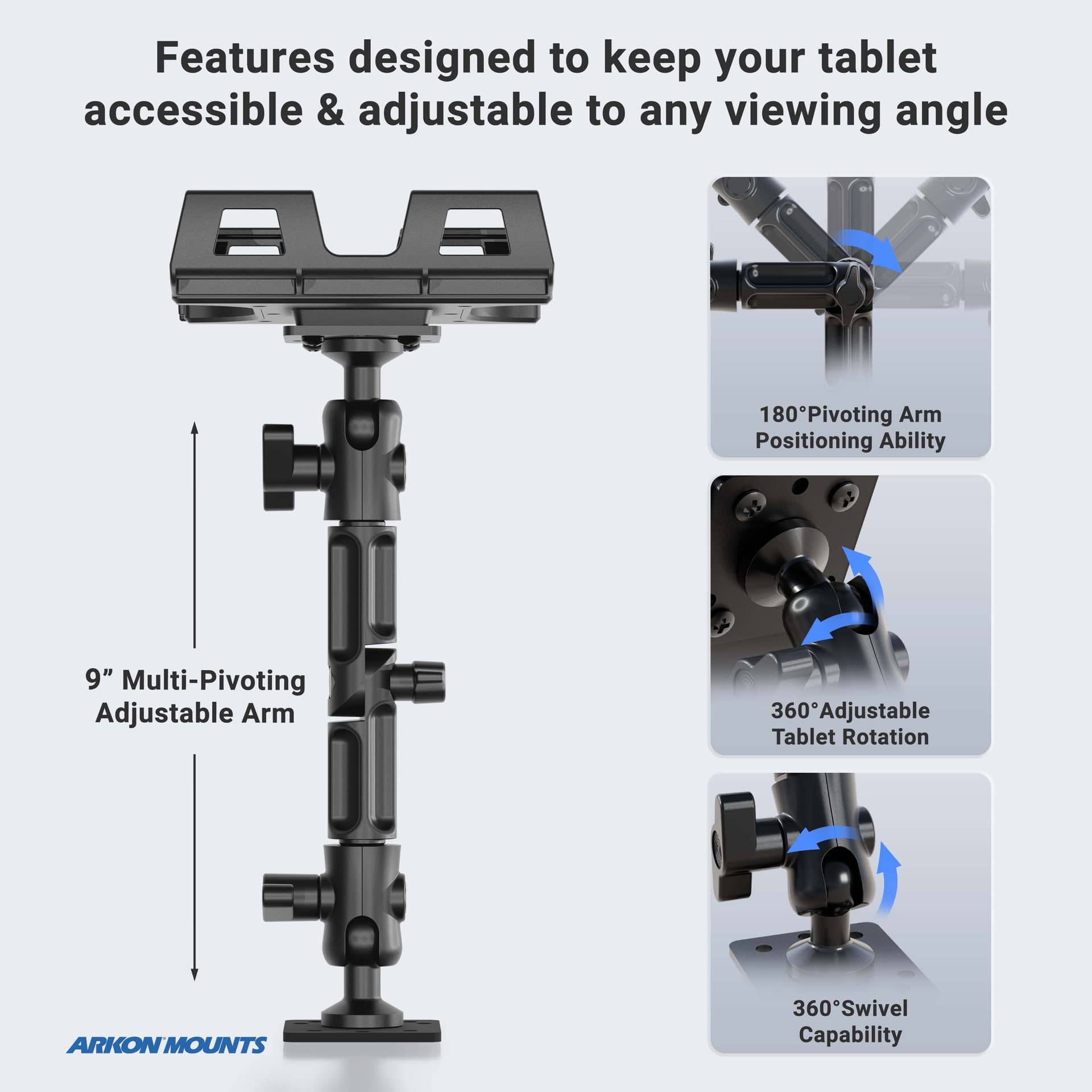 Arkon Slim-Grip® Ultra Pro Tablet Holder with Multi-Angle Arm and Drill-Base Mount - Image 2