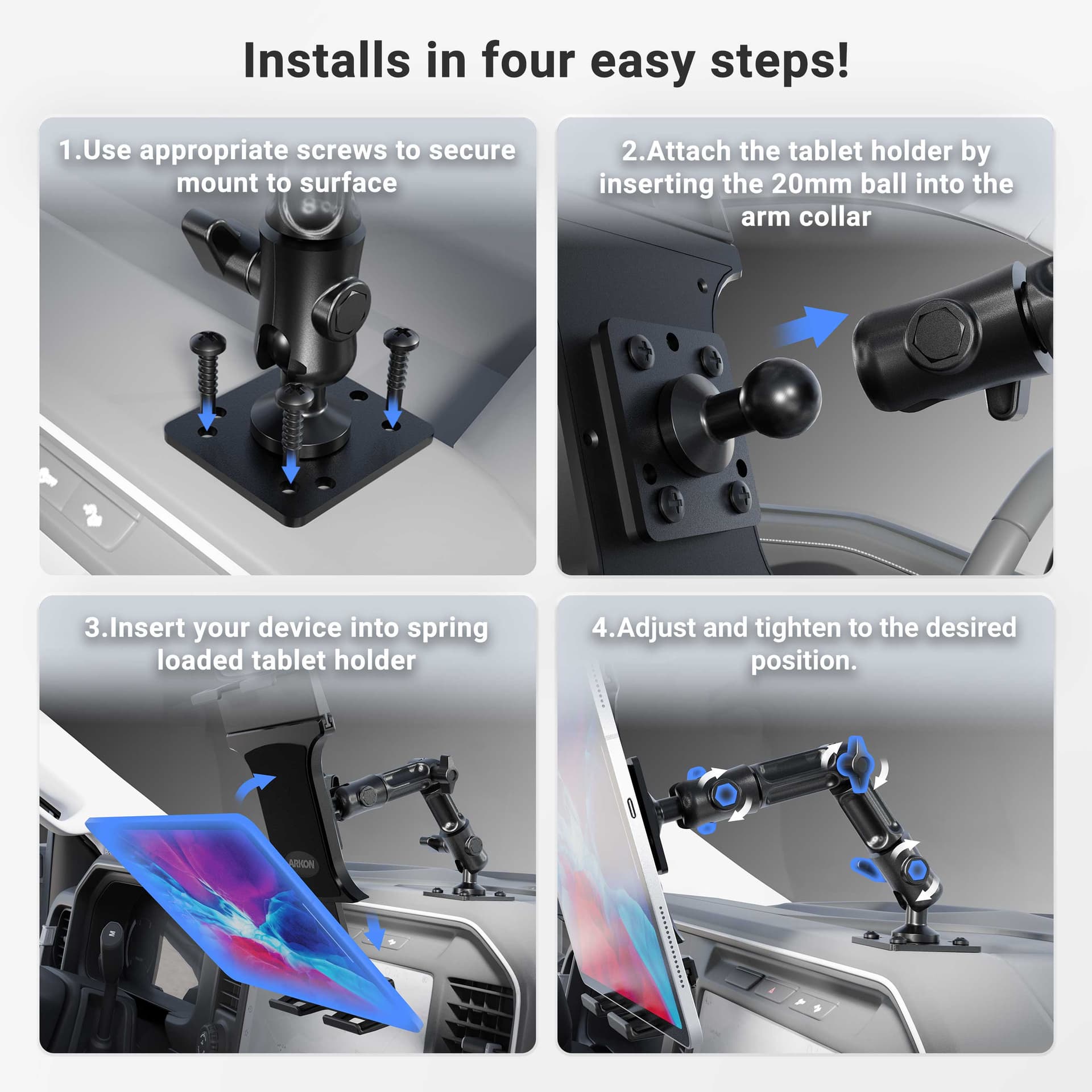 Arkon Slim-Grip® Ultra Pro Tablet Holder with Multi-Angle Arm and Drill-Base Mount - Image 3