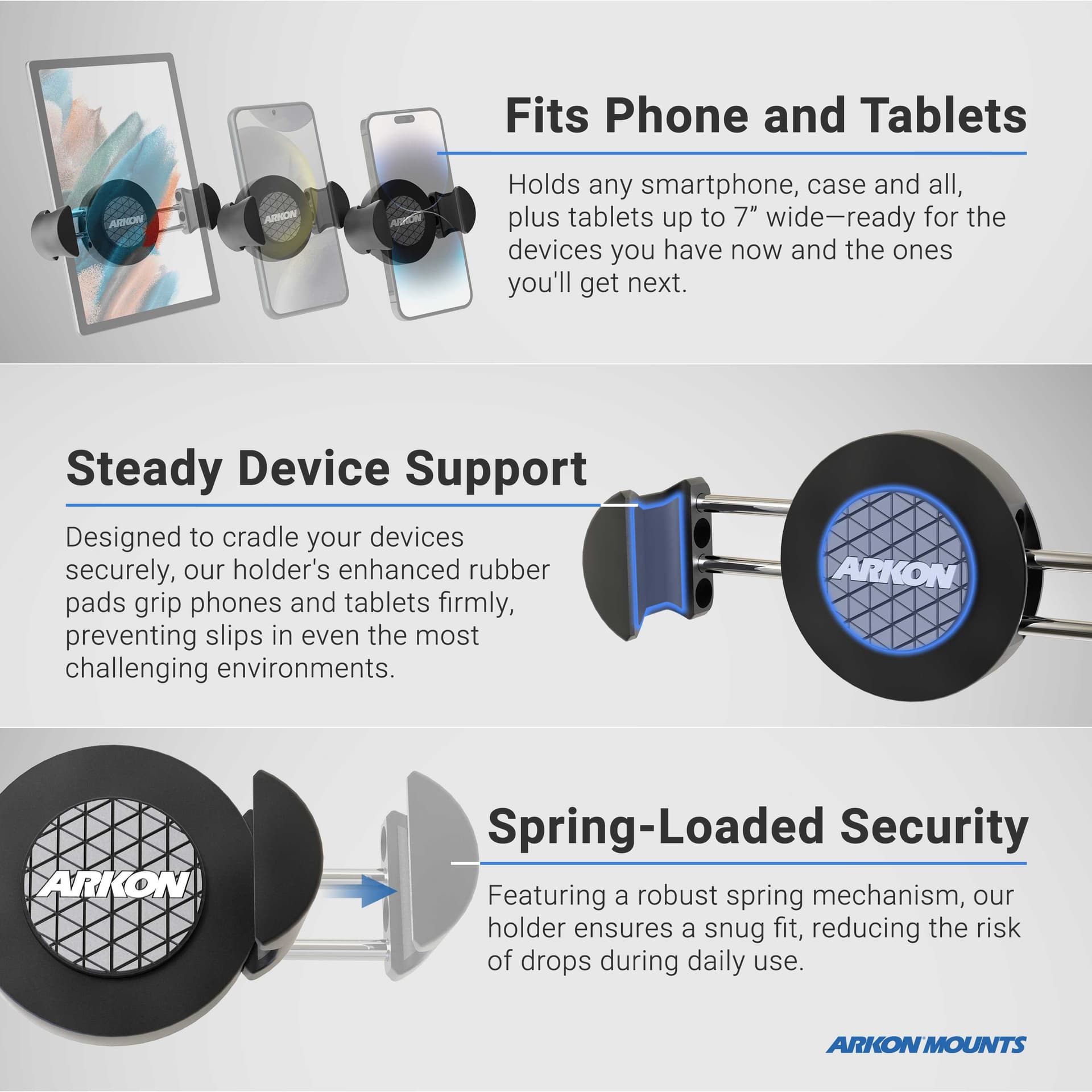 Arkon RoadVise® XL Phone and Midsize Tablet Clamp Post Mount for iPad, Note, Tab and more